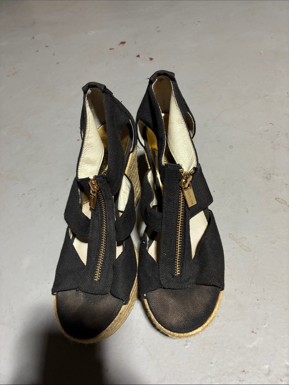 MICHAEL Michael Kors Black Espadrille 4” Wedge Sandals with Gold Zipper